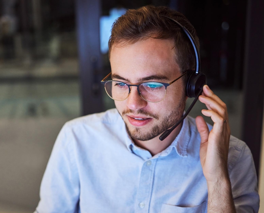 Front view of an IT professional talking on a headset