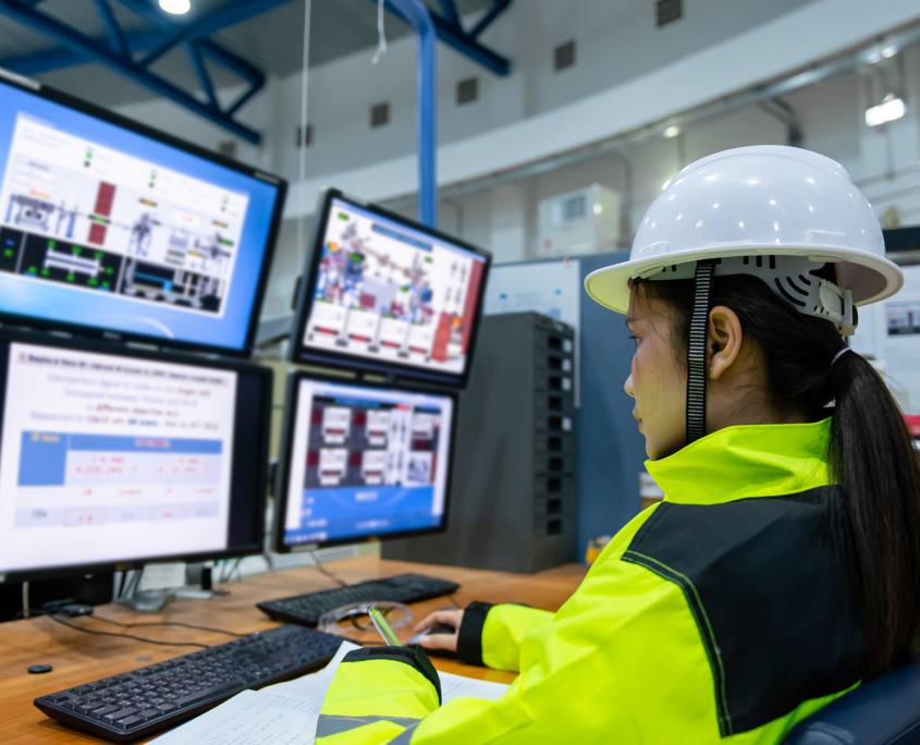 Side view of woman on computers in manufacturing warehouse