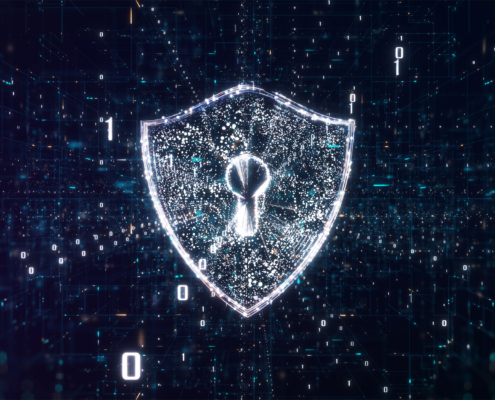 A glowing digital shield with a keyhole, symbolizing cybersecurity