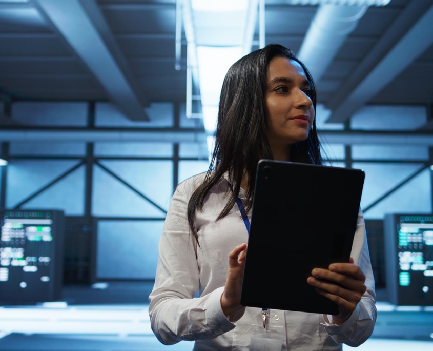 Tech professional checking on data center