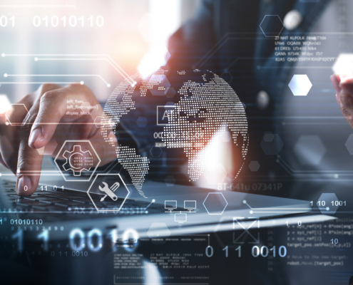 Cybersecurity concept of world and man typing on computer