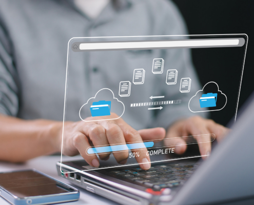 Man use computer laptop waiting transfer file migration process, loading bar icon